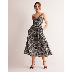 Boden Black White Geometric Eyelet Midi Dress V-Neck Fit Flare Pockets NWT
